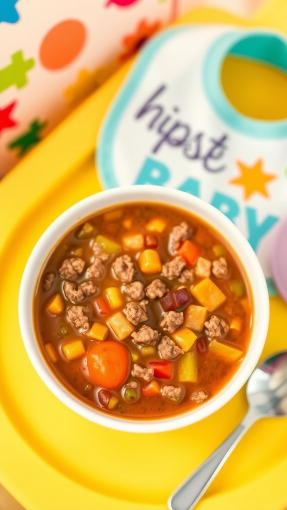 A bowl of ground beef and vegetable baby food on a high chair tray, ready for feeding.